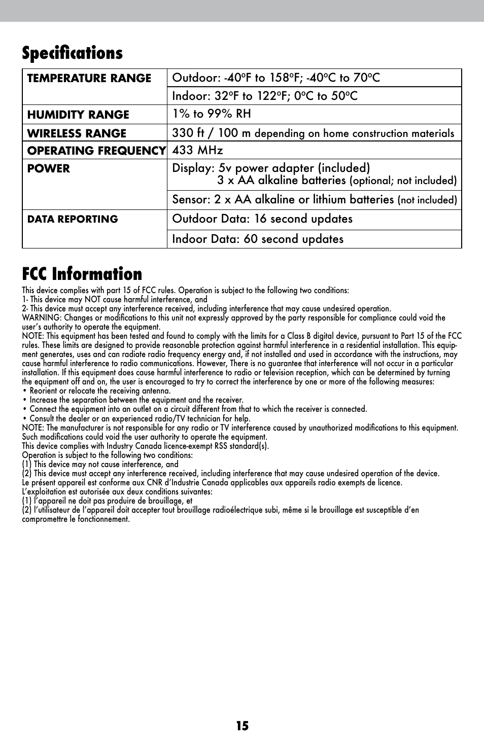 Specifications, Fcc information | AcuRite 02007 Weather Station User Manual | Page 15 / 17