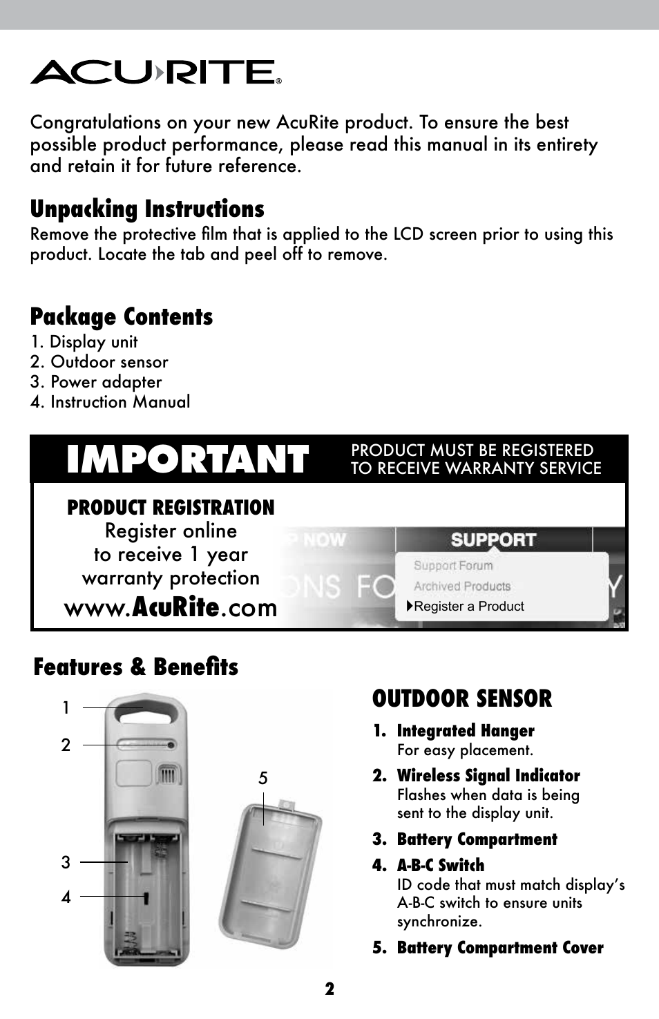 Important, Unpacking instructions, Package contents | Features & benefits, Outdoor sensor | AcuRite 02007 Weather Station User Manual | Page 2 / 17