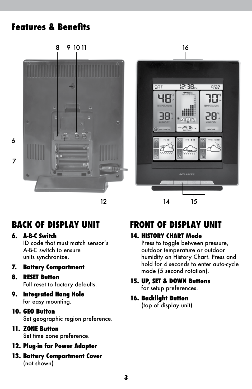 Features & benefits back of display unit, Front of display unit | AcuRite 02007 Weather Station User Manual | Page 3 / 17