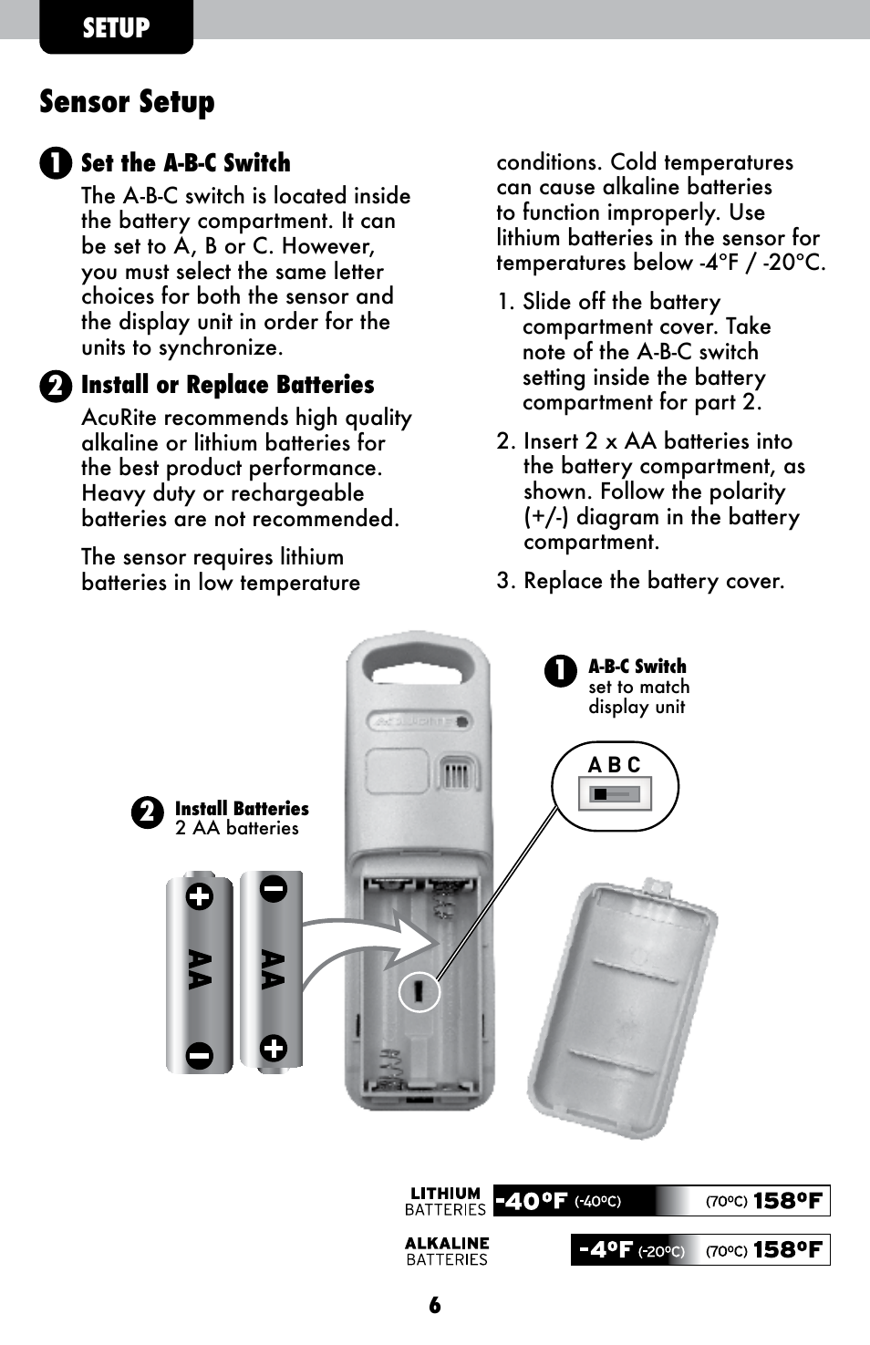 Sensor setup, Setup | AcuRite 02007 Weather Station User Manual | Page 6 / 17