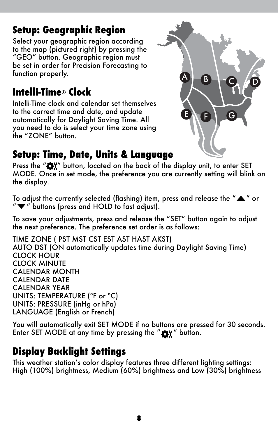 Setup: geographic region, Intelli-time, Clock | Setup: time, date, units & language, Display backlight settings | AcuRite 02007 Weather Station User Manual | Page 8 / 17