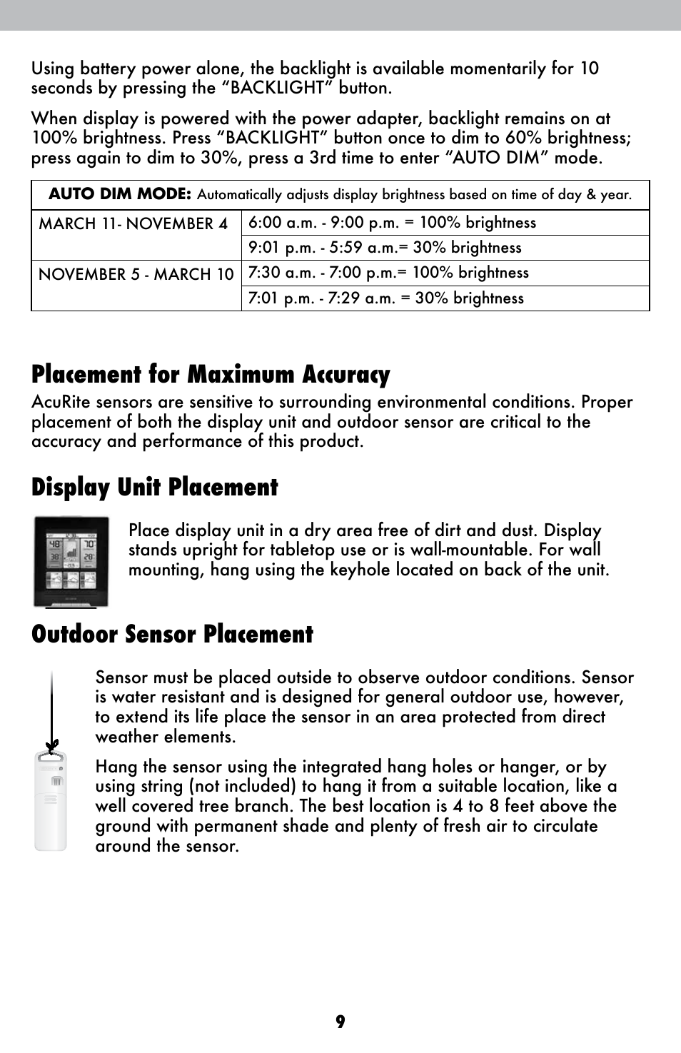 Placement for maximum accuracy, Display unit placement, Outdoor sensor placement | AcuRite 02007 Weather Station User Manual | Page 9 / 17