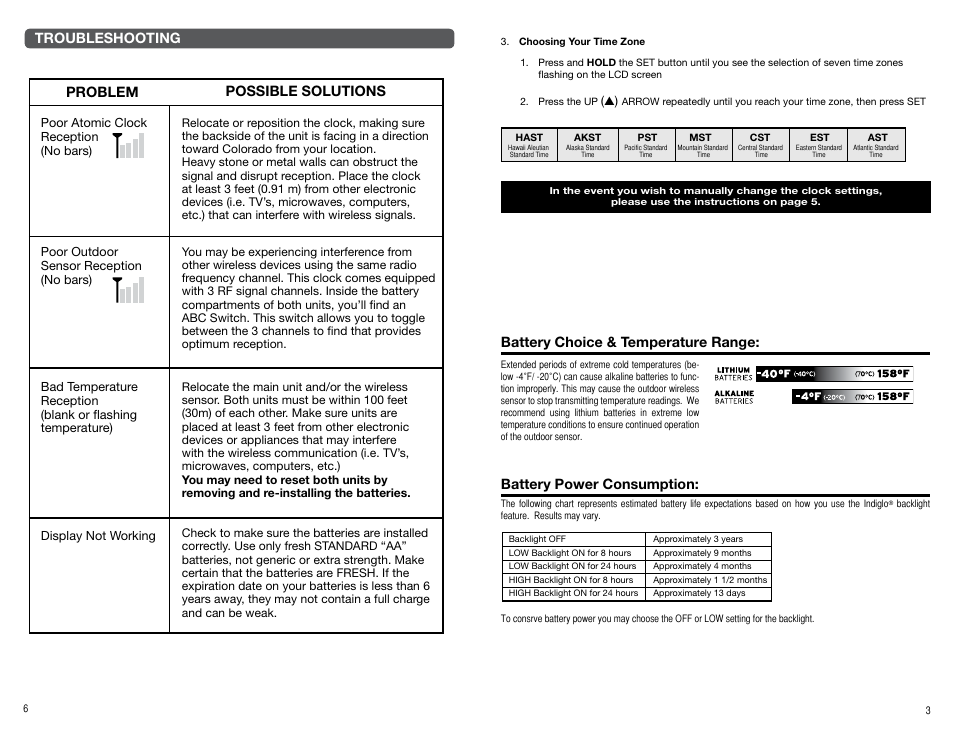 Battery choice & temperature range, Battery power consumption, Troubleshooting | Problem possible solutions | AcuRite 75324T Clock User Manual | Page 3 / 4