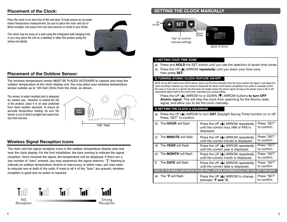 Setting the clock manually, Placement of the clock, Placement of the outdoor sensor | Wireless signal reception icons | AcuRite 75324T Clock User Manual | Page 4 / 4