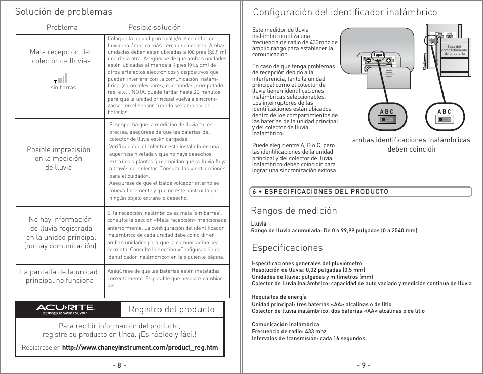 00614 - inst08 sp pg10.pdf, Configuración del identificador inalámbrico, Rangos de medición | Especificaciones, Solución de problemas, Registro del producto | AcuRite 00614 Rain Gauge User Manual | Page 10 / 16