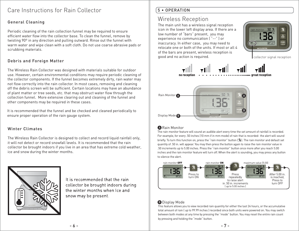 00614 - inst08 pg4.pdf, Wireless reception, Care instructions for rain collector | AcuRite 00614 Rain Gauge User Manual | Page 4 / 16