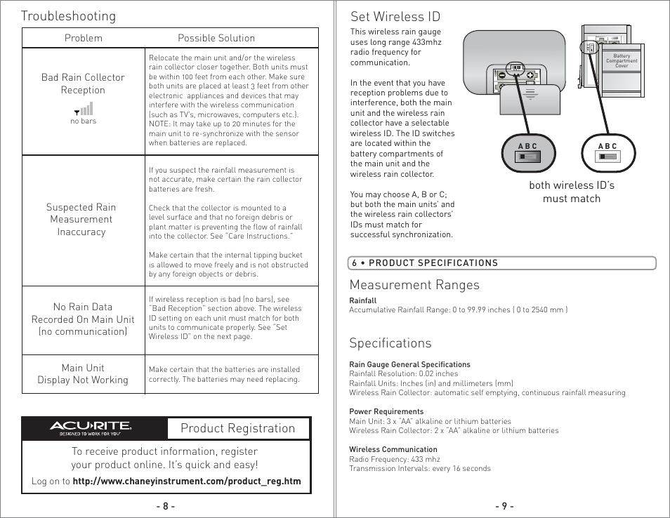 00614 - inst08 pg5.pdf, Set wireless id, Measurement ranges | Specifications, Troubleshooting, Product registration | AcuRite 00614 Rain Gauge User Manual | Page 5 / 16