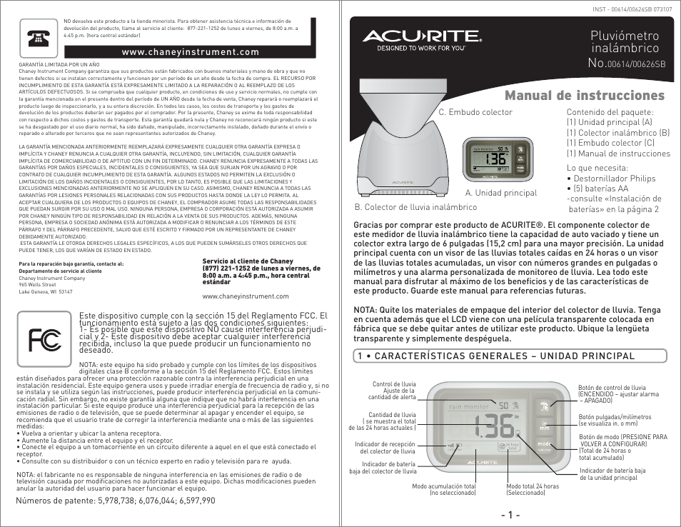 00614 - inst08 sp.pg6.pdf, Manual de instrucciones, Pluviómetro inalámbrico no | AcuRite 00614 Rain Gauge User Manual | Page 6 / 16