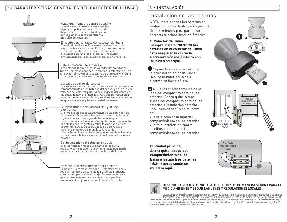 00614 - inst08 sp pg7.pdf, Instalación de las baterías | AcuRite 00614 Rain Gauge User Manual | Page 7 / 16