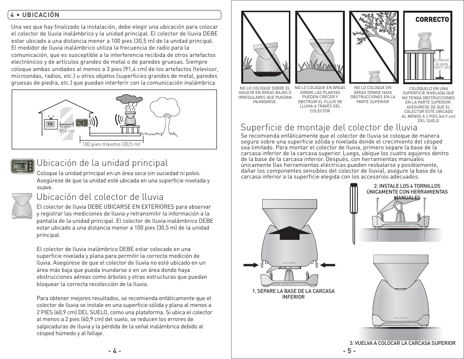 00614 - inst08 sp pg8.pdf, Ubicación de la unidad principal | AcuRite 00614 Rain Gauge User Manual | Page 8 / 16