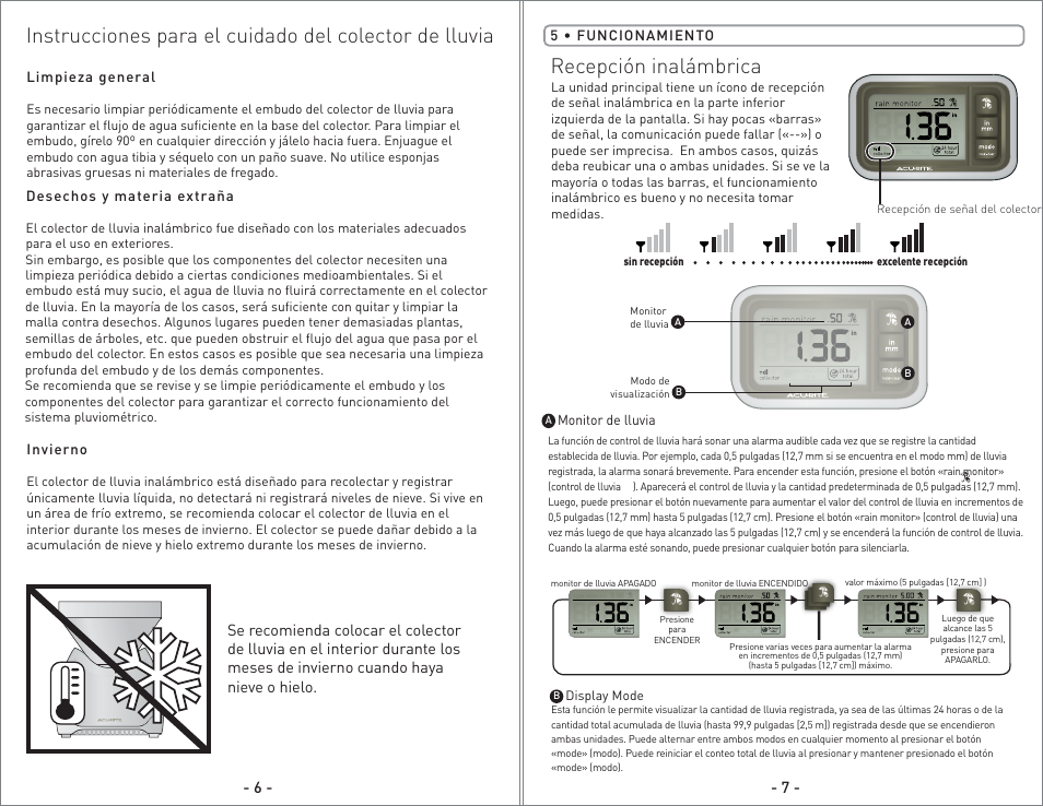 00614 - inst08 sp pg9.pdf, Recepción inalámbrica | AcuRite 00614 Rain Gauge User Manual | Page 9 / 16