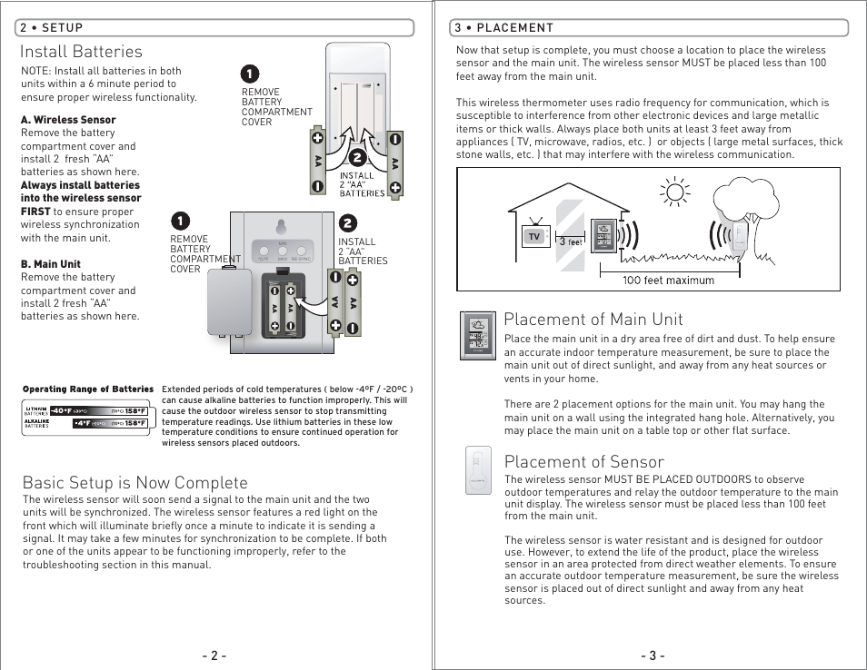 00823 pg2.pdf, Install batteries, Basic setup is now complete | Placement of main unit, Placement of sensor | AcuRite 00823 Weather Station User Manual | Page 2 / 4