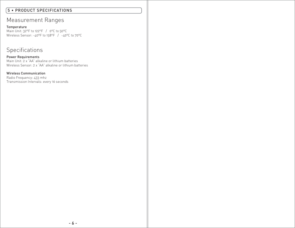 00823 pg4.pdf, Measurement ranges, Specifications | AcuRite 00823 Weather Station User Manual | Page 4 / 4