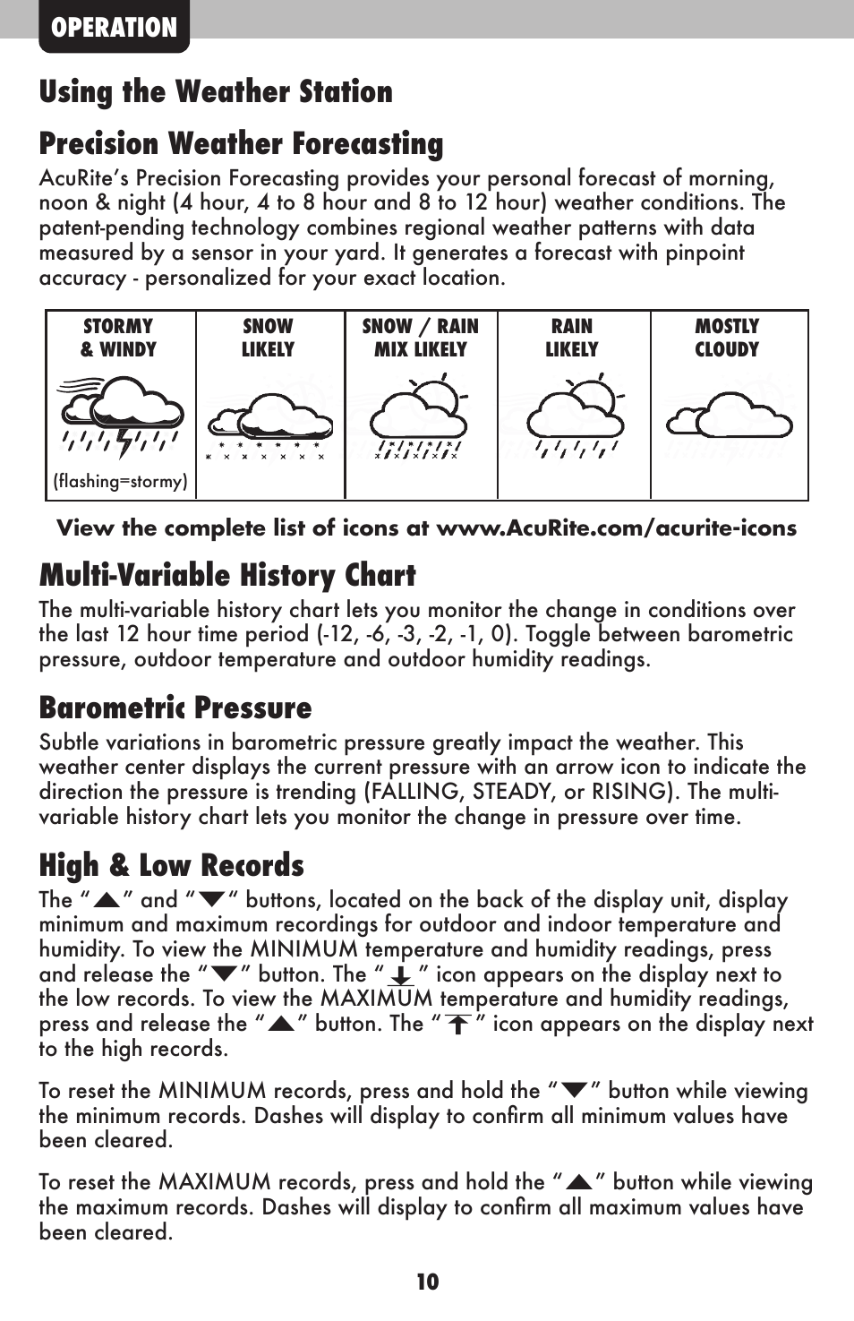 Multi-variable history chart, Barometric pressure, High & low records | Operation | AcuRite 02015 Weather Station User Manual | Page 10 / 16