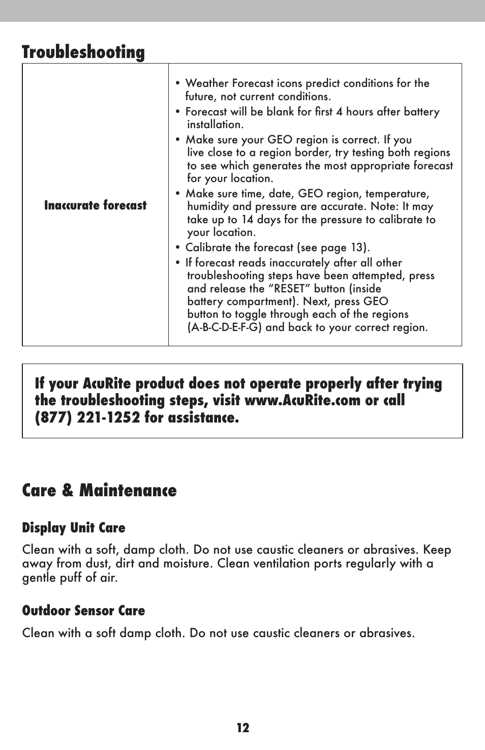 Troubleshooting, Care & maintenance | AcuRite 02015 Weather Station User Manual | Page 12 / 16