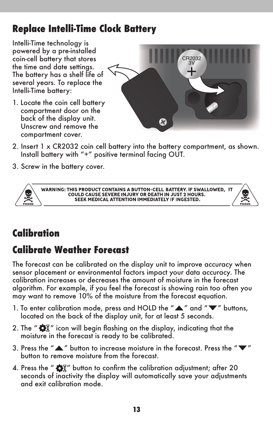 Replace intelli-time clock battery, Calibration calibrate weather forecast | AcuRite 02015 Weather Station User Manual | Page 13 / 16