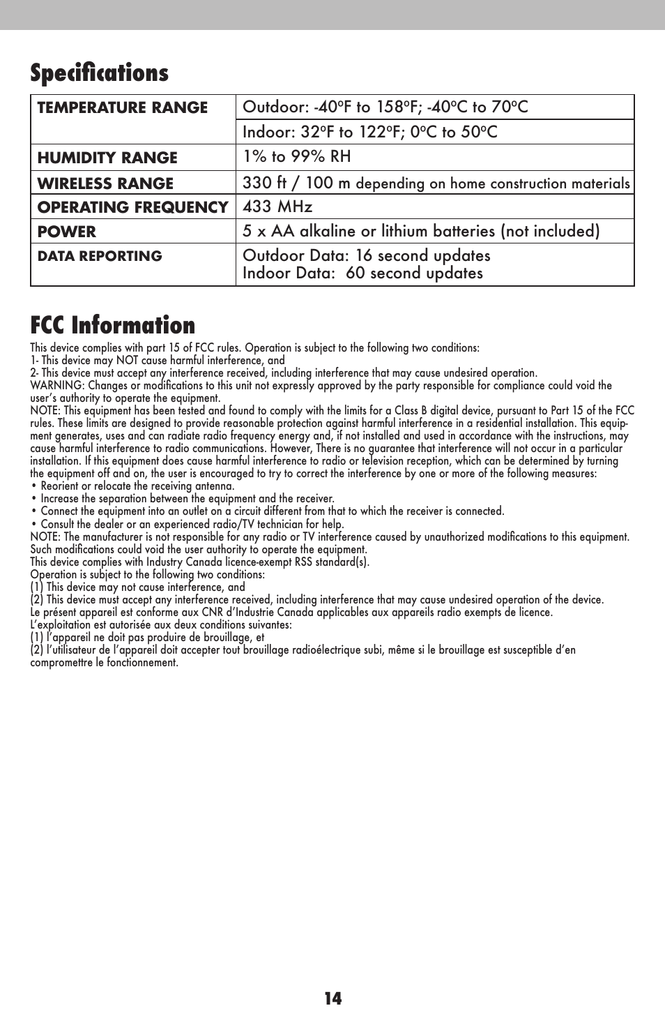 Specifications, Fcc information | AcuRite 02015 Weather Station User Manual | Page 14 / 16