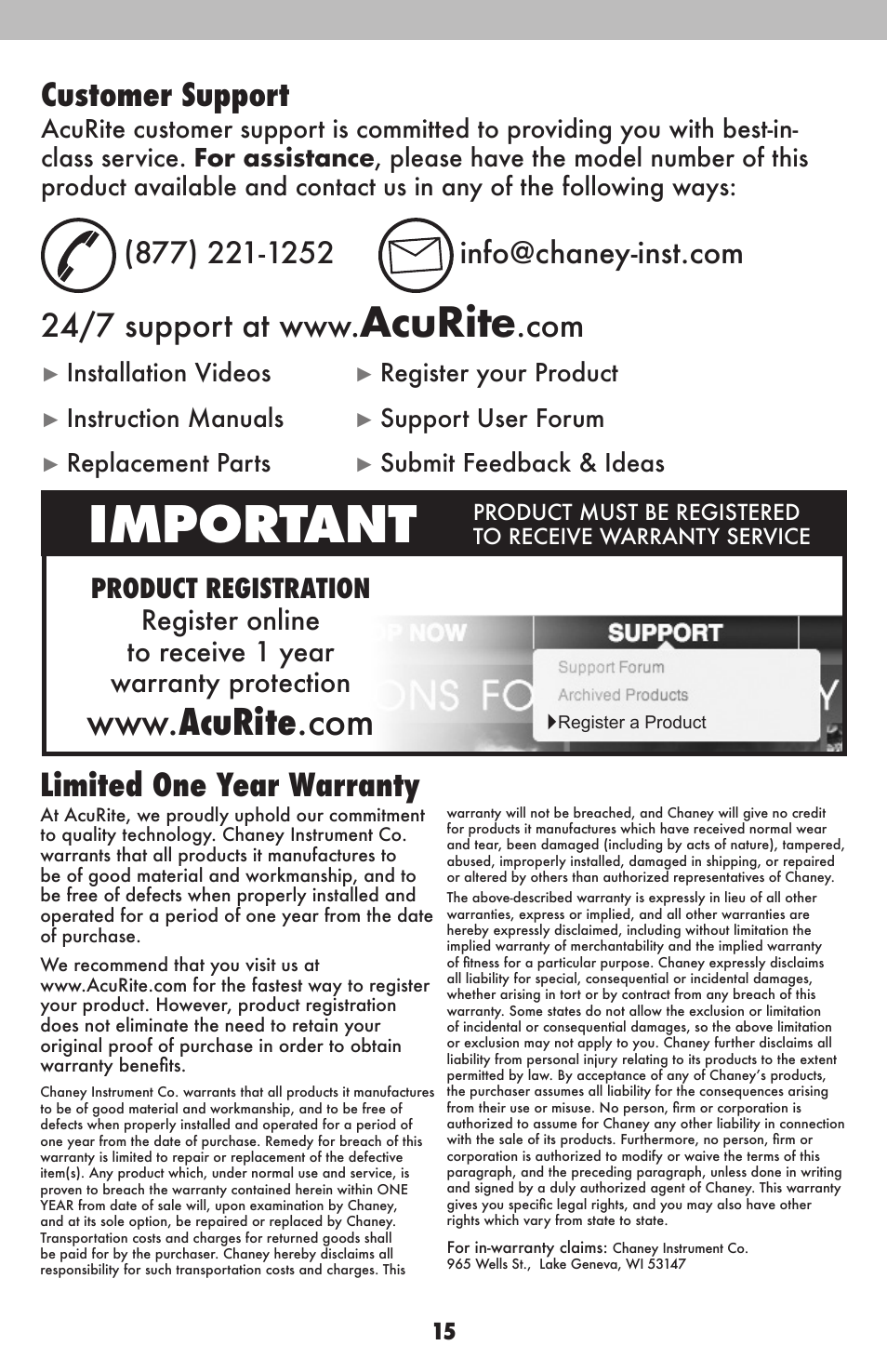 Important, Acurite, Limited one year warranty | Customer support, Installation videos, Register your product, Instruction manuals, Support user forum, Replacement parts, Submit feedback & ideas | AcuRite 02015 Weather Station User Manual | Page 15 / 16
