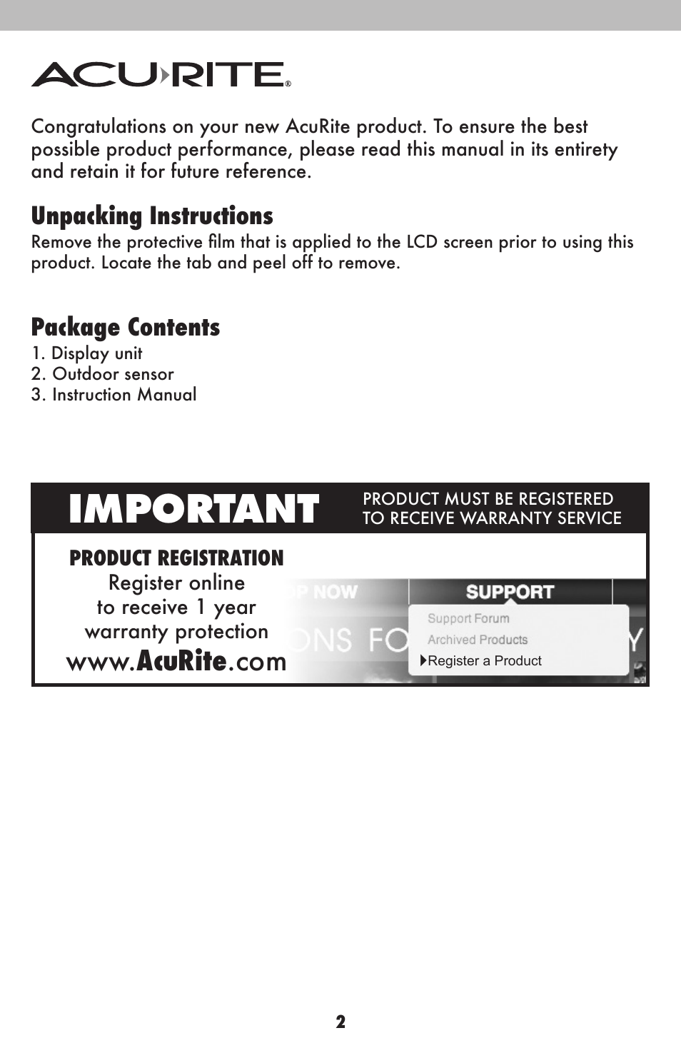 Important, Unpacking instructions, Package contents | AcuRite 02015 Weather Station User Manual | Page 2 / 16