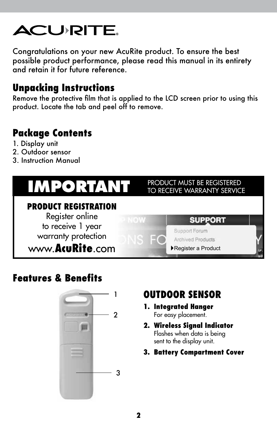 Important, Unpacking instructions, Package contents | Features & benefits outdoor sensor | AcuRite 00827 Weather Station User Manual | Page 2 / 12