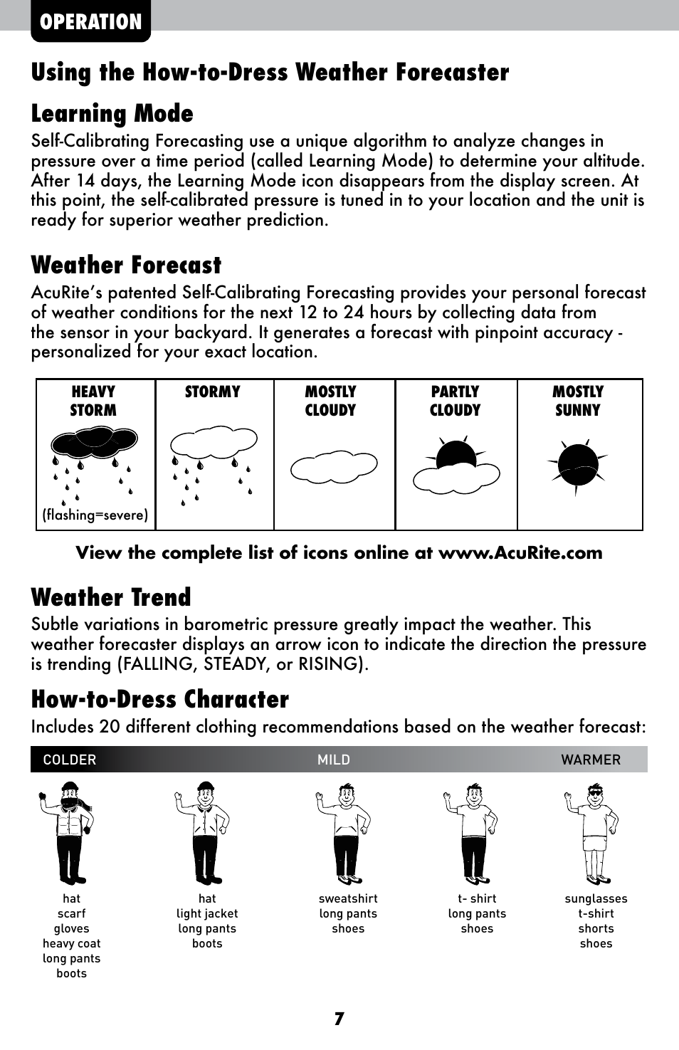 Weather forecast, Weather trend, How-to-dress character | Operation | AcuRite 00827 Weather Station User Manual | Page 7 / 12