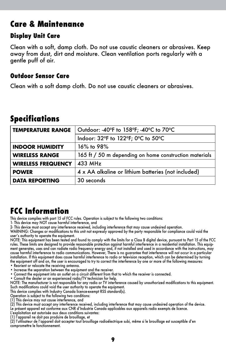 Care & maintenance, Specifications, Fcc information | Display unit care, Outdoor sensor care | AcuRite 00827 Weather Station User Manual | Page 9 / 12