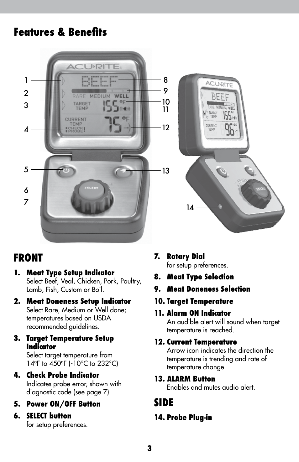 Features & benefits, Front, Side | AcuRite 00277 Thermometer User Manual | Page 3 / 10