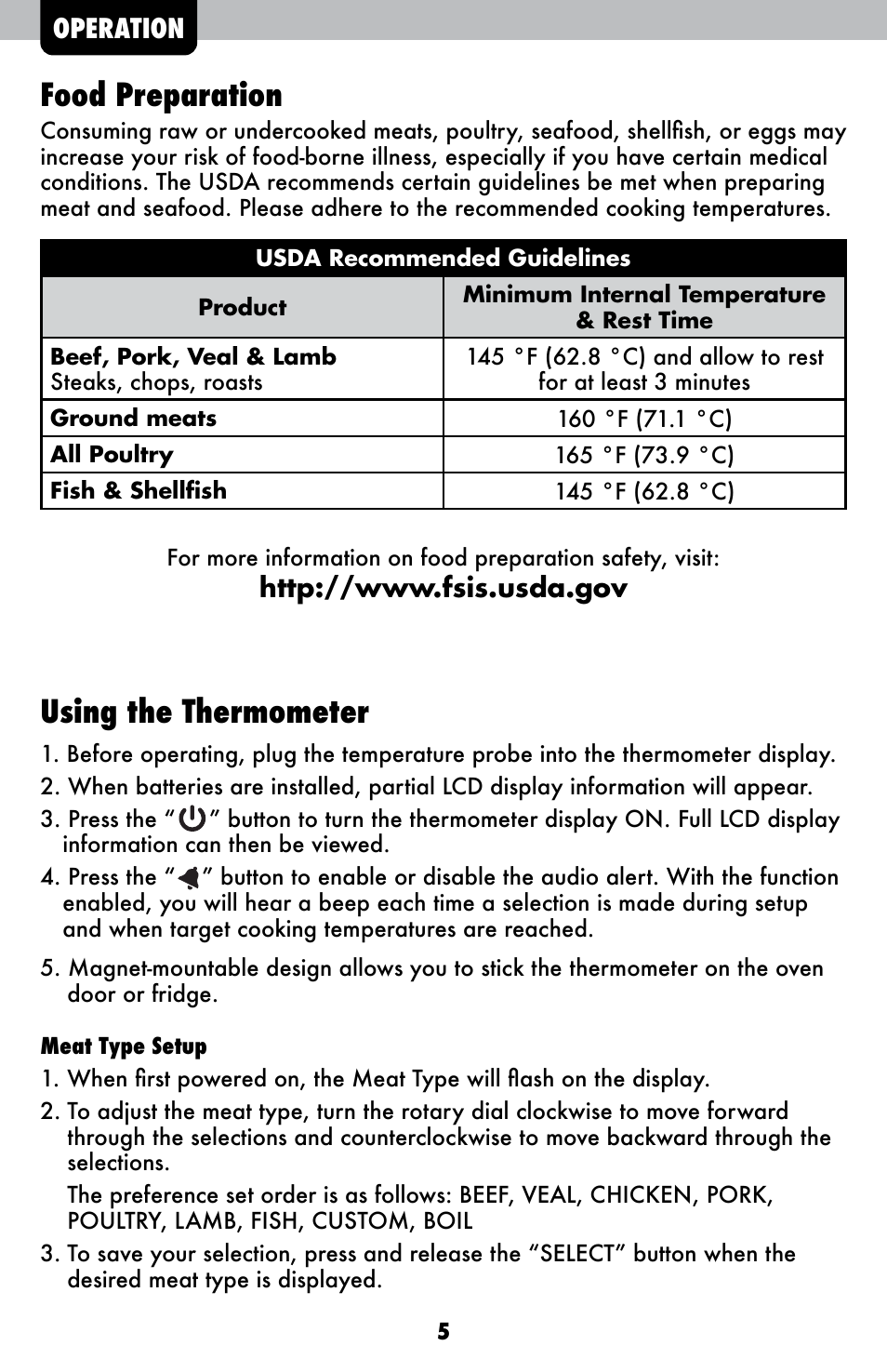 Food preparation, Using the thermometer | AcuRite 00277 Thermometer User Manual | Page 5 / 10