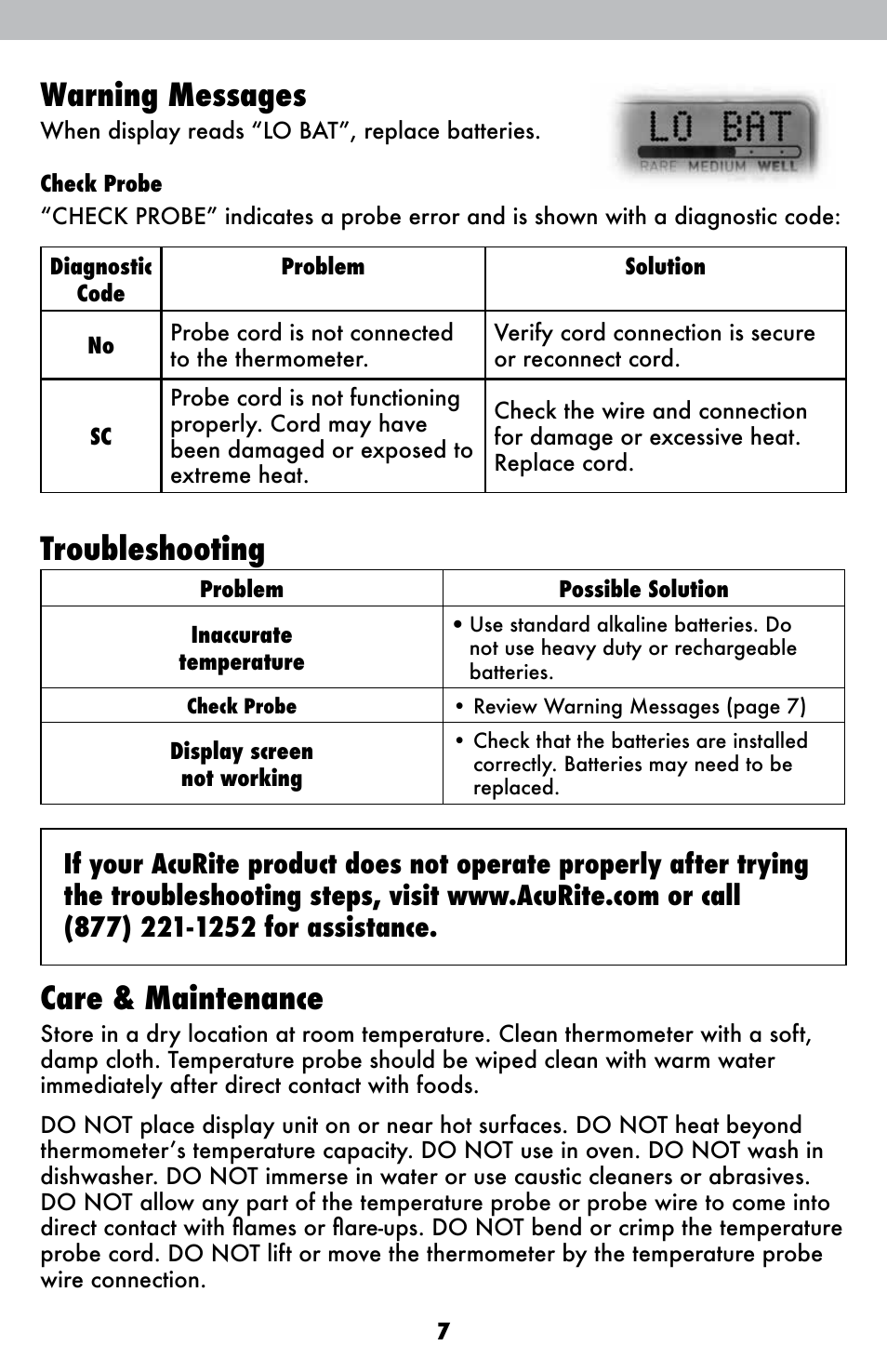 Warning messages, Troubleshooting, Care & maintenance | AcuRite 00277 Thermometer User Manual | Page 7 / 10