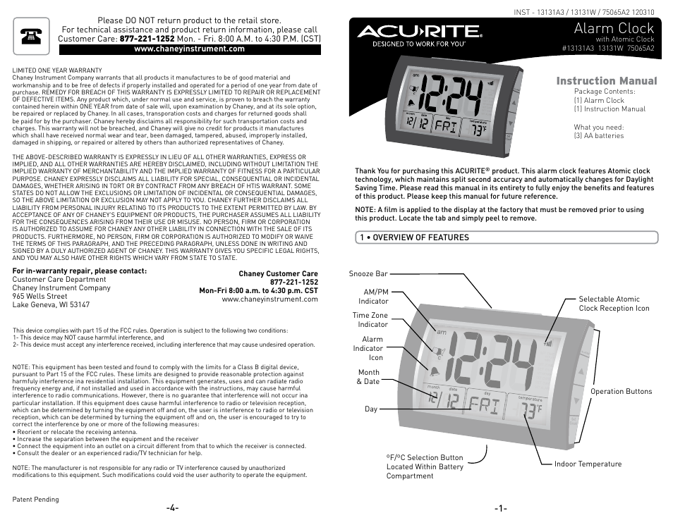 AcuRite 13131 Alarm Clock User Manual | 2 pages