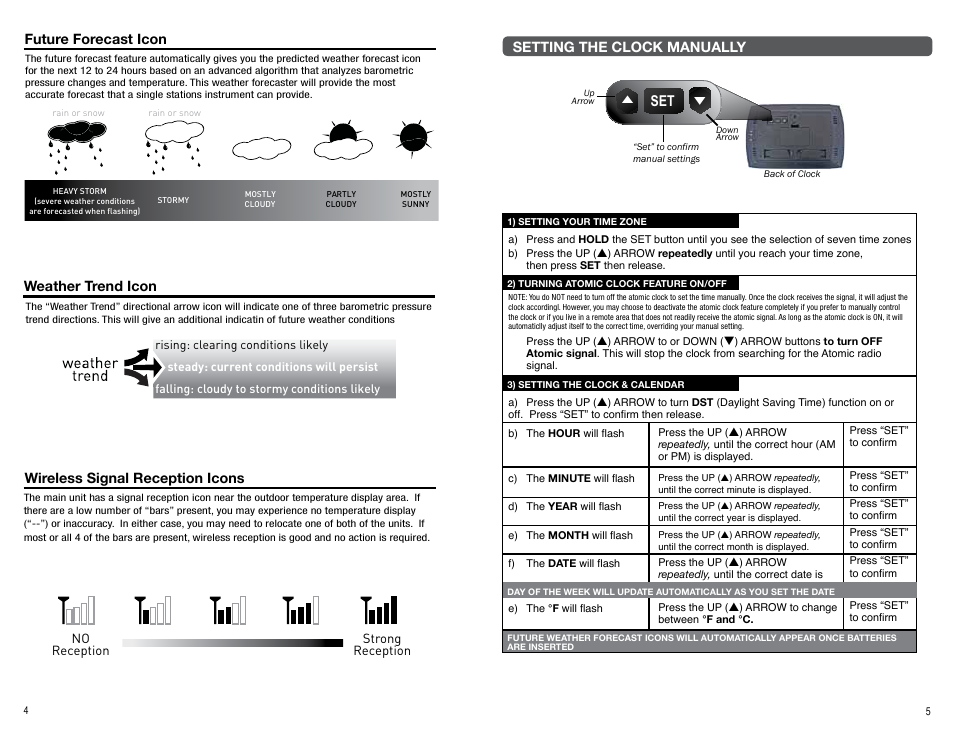 Setting the clock manually, Future forecast icon, Weather trend icon | Wireless signal reception icons | AcuRite 75329T Clock User Manual | Page 4 / 4
