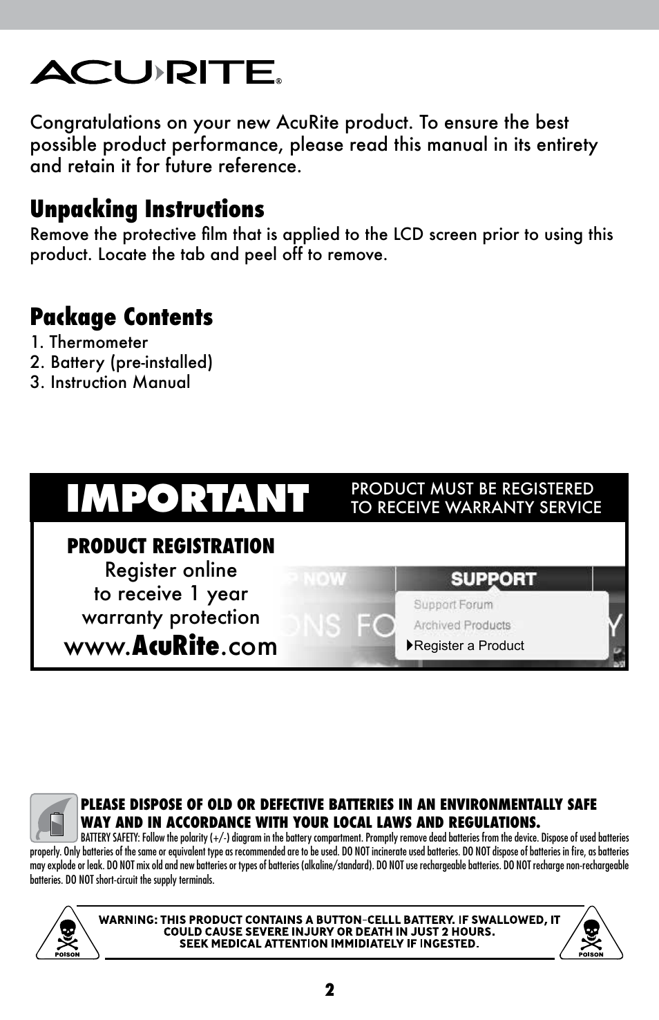 Important, Unpacking instructions, Package contents | AcuRite 00306 Thermometer User Manual | Page 2 / 6