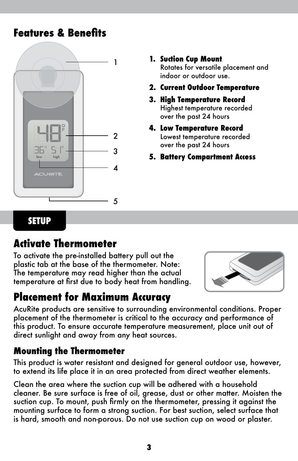 Features & benefits, Activate thermometer, Placement for maximum accuracy | Mounting the thermometer, Setup | AcuRite 00306 Thermometer User Manual | Page 3 / 6