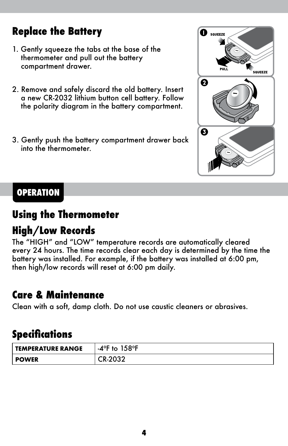 Replace the battery, Using the thermometer high/low records, Care & maintenance | Specifications | AcuRite 00306 Thermometer User Manual | Page 4 / 6