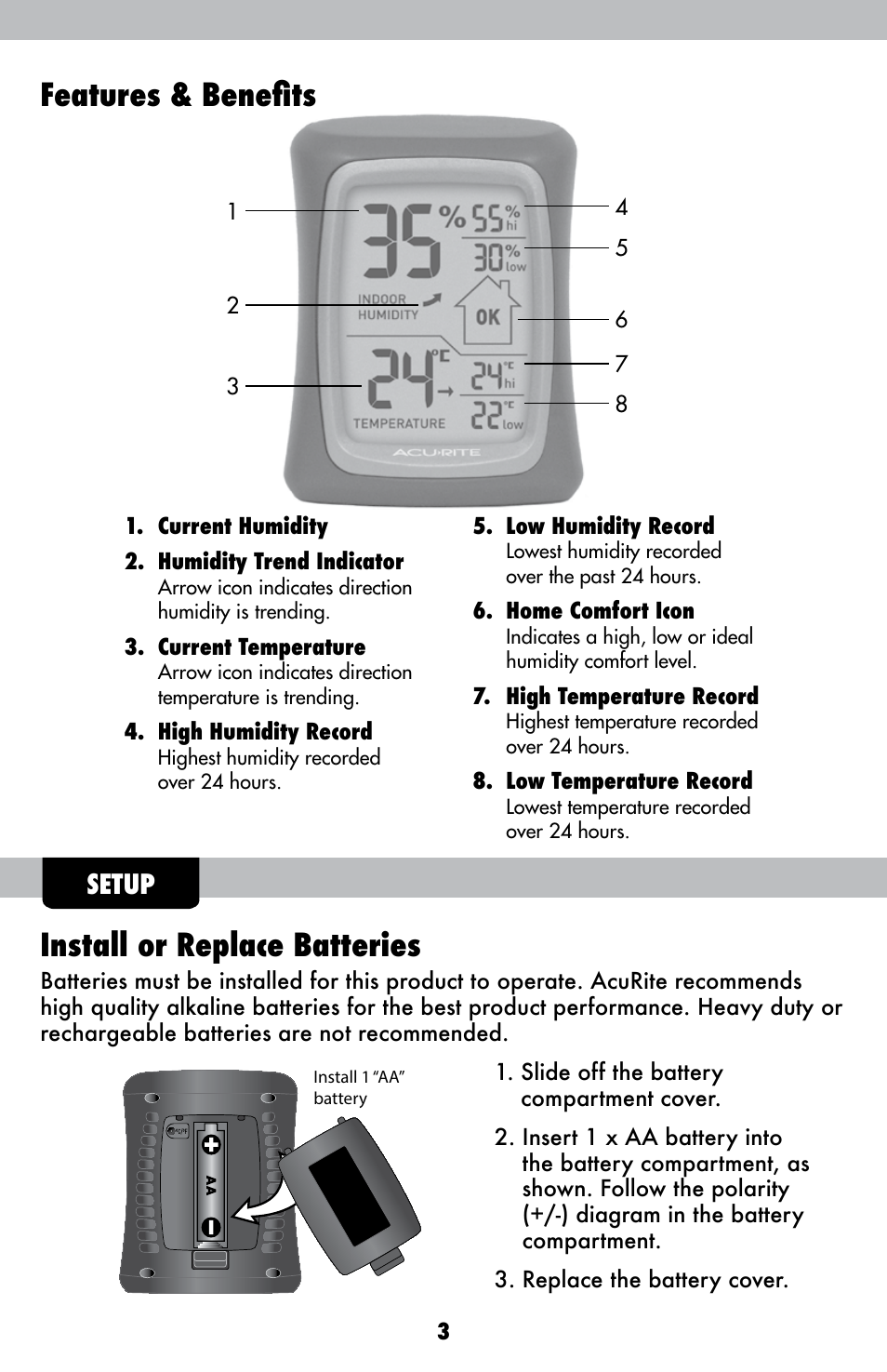 Features & benefits install or replace batteries, Setup | AcuRite 00327 Humidity Monitor User Manual | Page 3 / 6