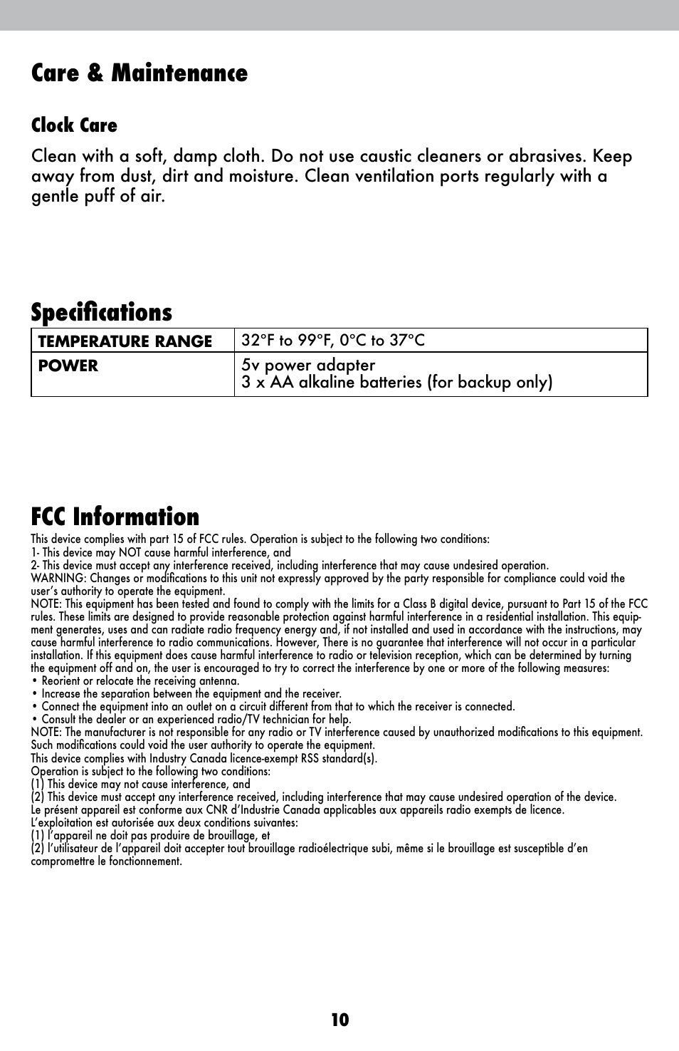 Specifications, Fcc information, Care & maintenance | Clock care | AcuRite 13024 Alarm Clock User Manual | Page 10 / 12