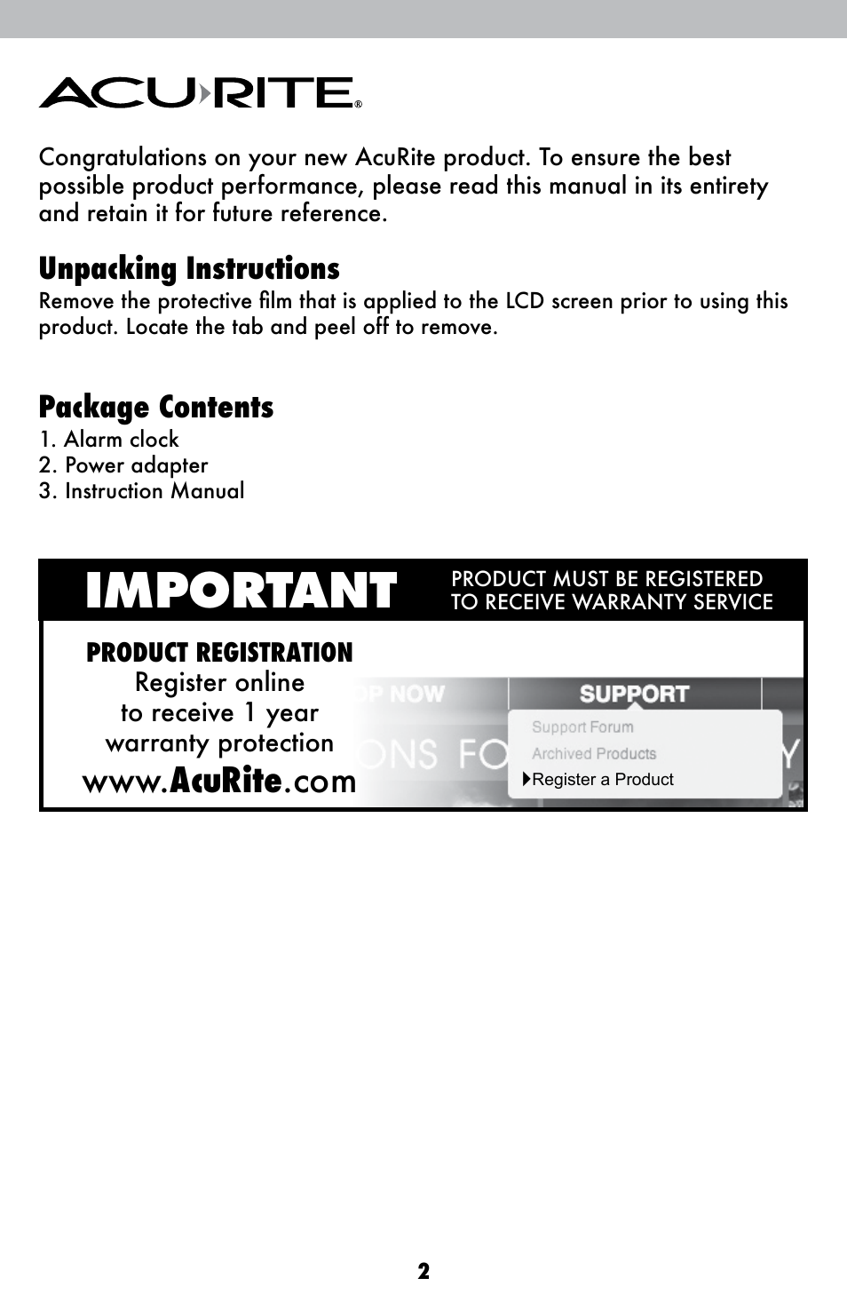 Important, Unpacking instructions, Package contents | AcuRite 13024 Alarm Clock User Manual | Page 2 / 12