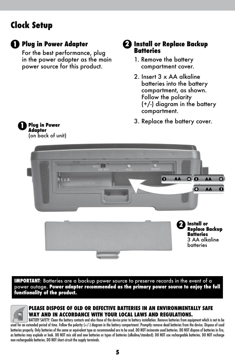 Clock setup, Plug in power adapter, Install or replace backup batteries | AcuRite 13024 Alarm Clock User Manual | Page 5 / 12