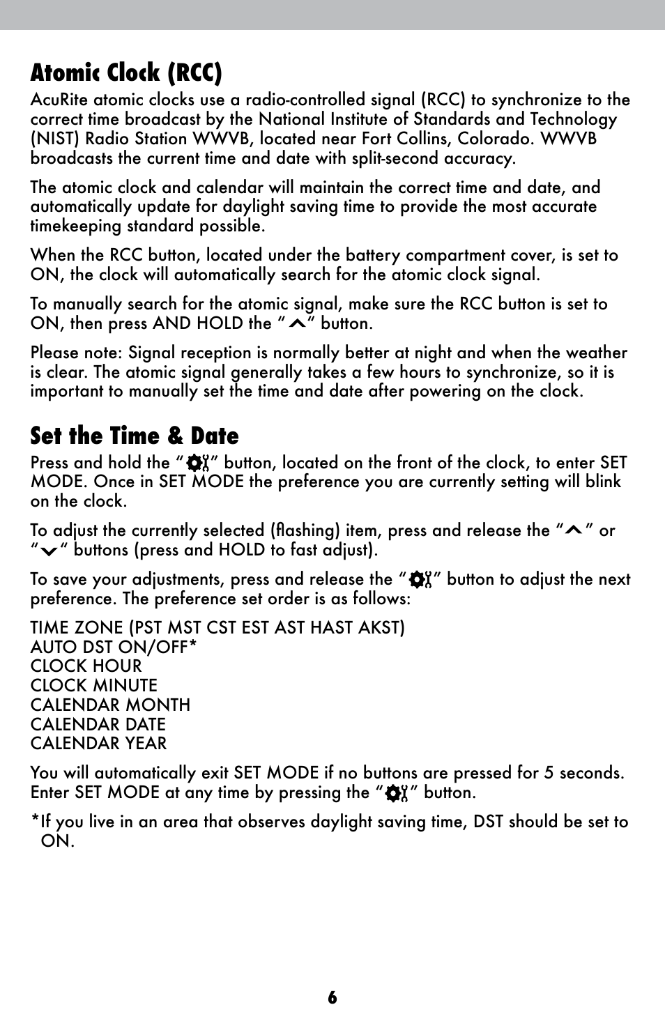 Atomic clock (rcc), Set the time & date | AcuRite 13024 Alarm Clock User Manual | Page 6 / 12