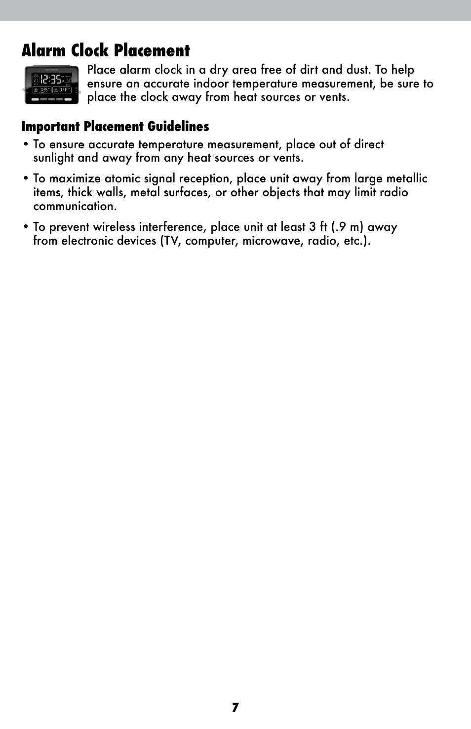 Alarm clock placement, Important placement guidelines | AcuRite 13024 Alarm Clock User Manual | Page 7 / 12