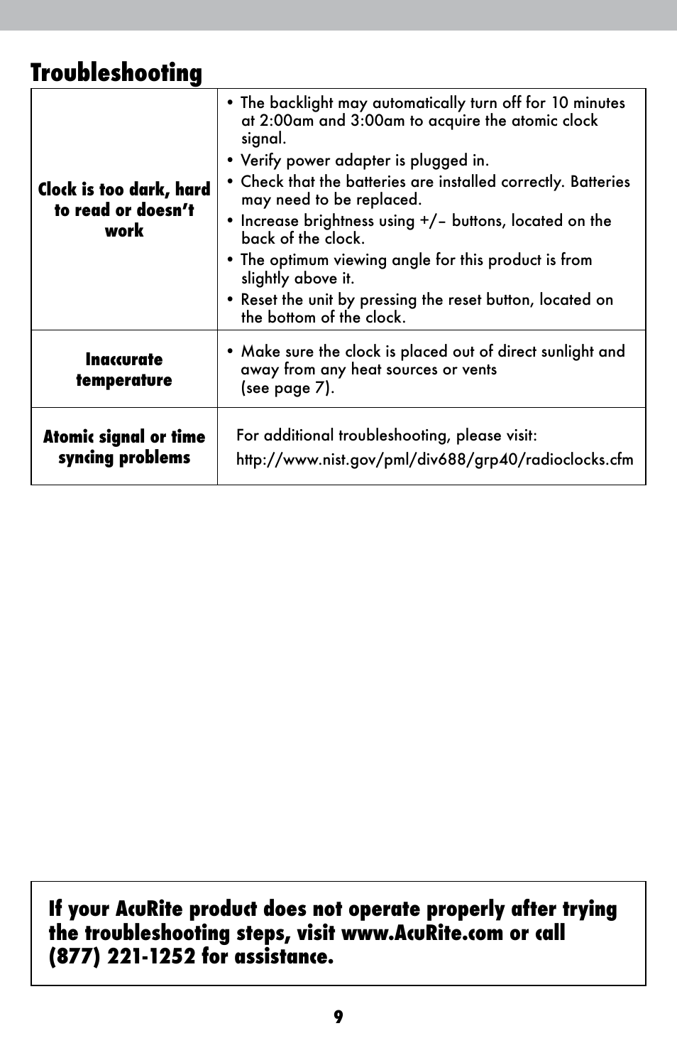 Troubleshooting | AcuRite 13024 Alarm Clock User Manual | Page 9 / 12