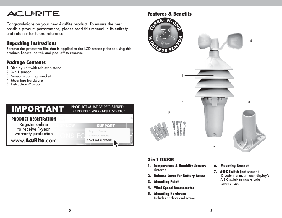 Important | AcuRite 00608 Weather Station User Manual | Page 2 / 9