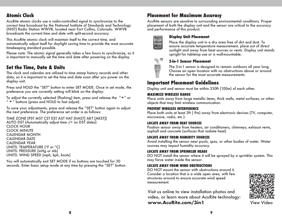 Placement for maximum accuracy, Important placement guidelines, Atomic clock | Set the time, date & units | AcuRite 00608 Weather Station User Manual | Page 5 / 9