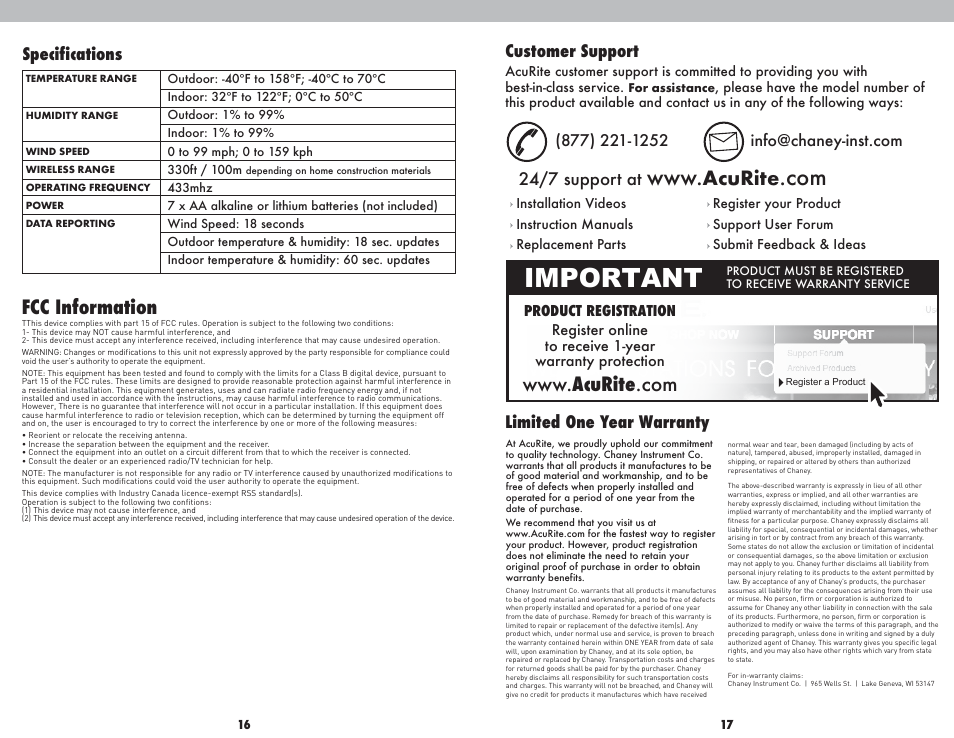 Important, Fcc information, Specifications | Limited one year warranty customer support, 24/7 support at | AcuRite 00608 Weather Station User Manual | Page 9 / 9