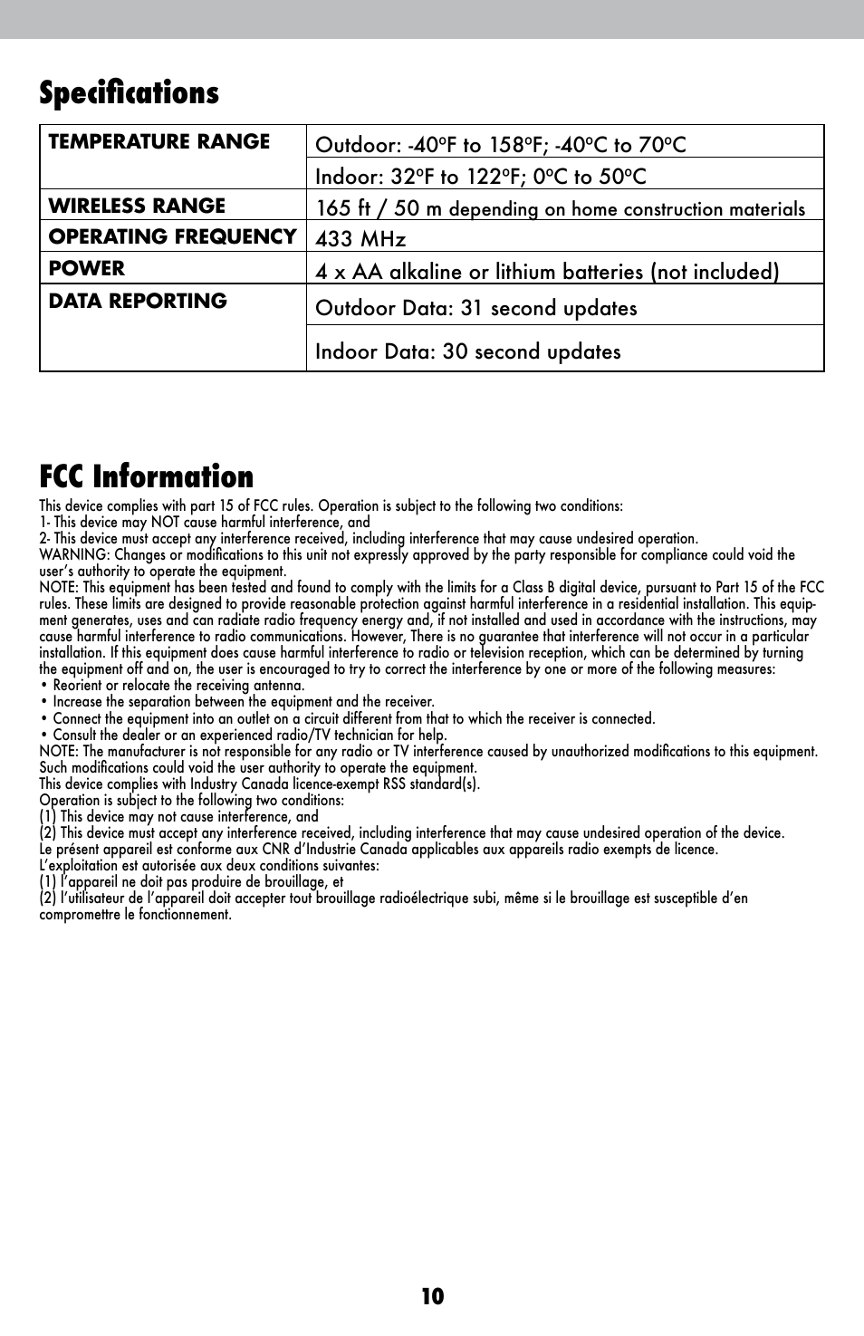 Fcc information, Specifications, 433 mhz | AcuRite 00621 Weather Station User Manual | Page 10 / 12