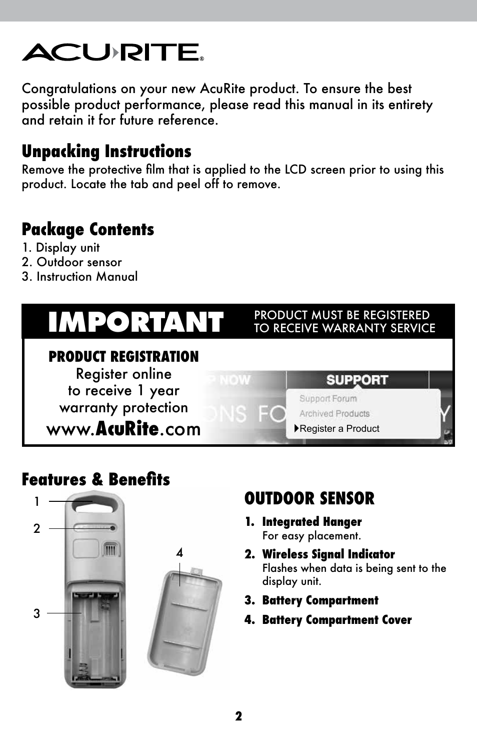 Important, Unpacking instructions, Package contents | Features & benefits, Outdoor sensor | AcuRite 00621 Weather Station User Manual | Page 2 / 12