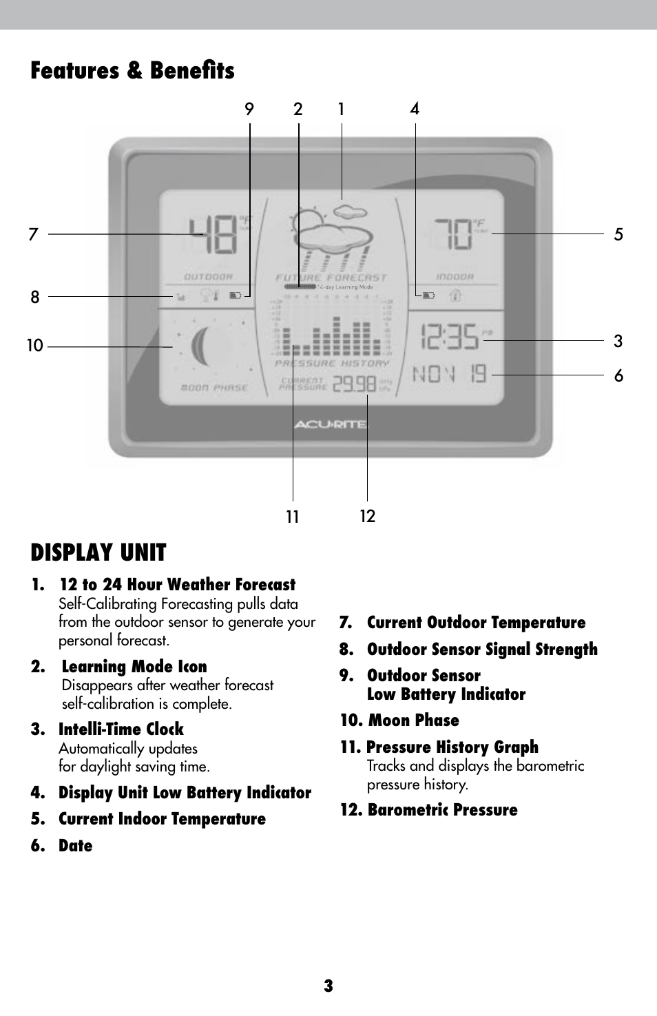 Features & benefits, Display unit | AcuRite 00621 Weather Station User Manual | Page 3 / 12