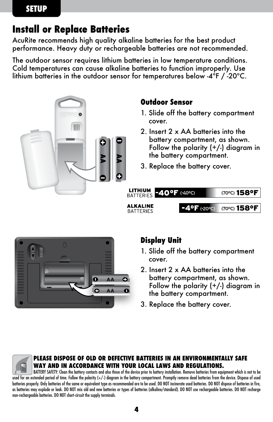 Install or replace batteries, Setup, Outdoor sensor | Display unit | AcuRite 00621 Weather Station User Manual | Page 4 / 12