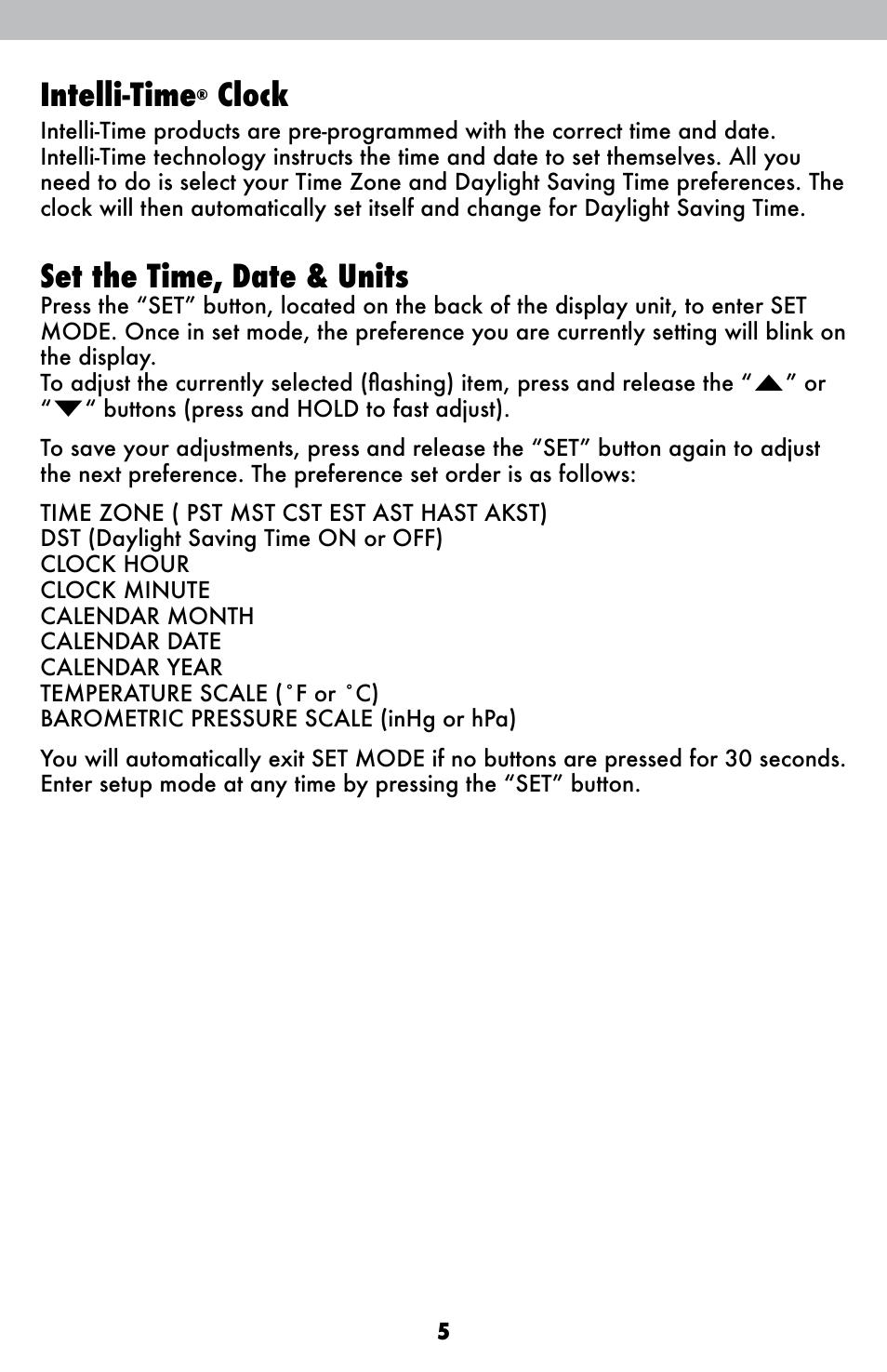Intelli-time, Clock, Set the time, date & units | AcuRite 00621 Weather Station User Manual | Page 5 / 12