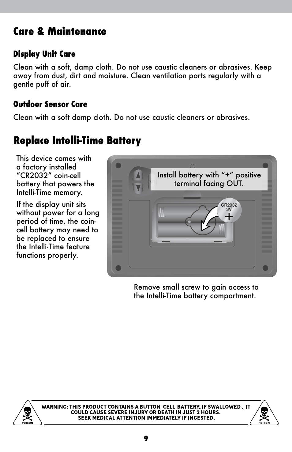 Replace intelli-time battery, Care & maintenance | AcuRite 00621 Weather Station User Manual | Page 9 / 12